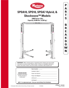 Rotary SPOA10 AV Lift Parts Breakdown Manual